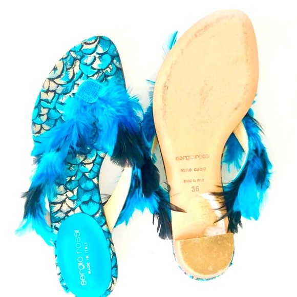 Sergio Rossi blue and black feather thong sandals Blue stones at toe - Picture 3 of 6
